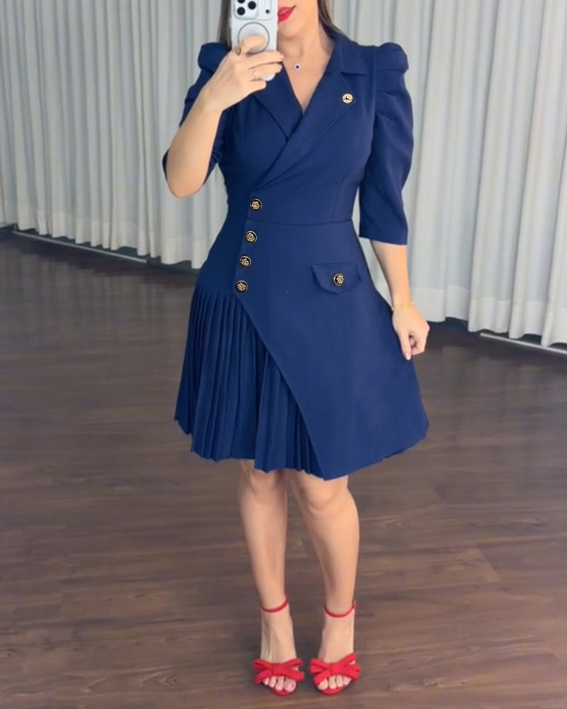 Vestido tipo blazer para mujer, con solapas de muesca, mangas abullonadas, botones laterales, bajo plisado asimétrico y corte en A; vestido profesional