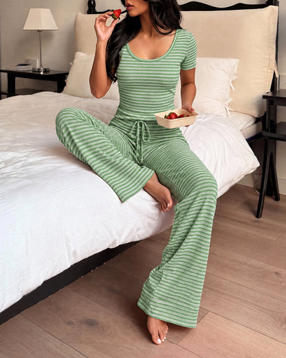 Women's 2 Piece Striped Pajama Set Short Sleeve Square Neck Crop Top and Wide Leg Pants Casual Loungewear