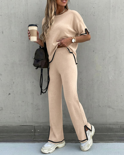 2 Pieces Outfit Round Neck Short Sleeve High-Low Hem Top and Elastic Waist Straight Leg Pants Set Casual Contrast Paneled Side Slit Knit Loungewear Set