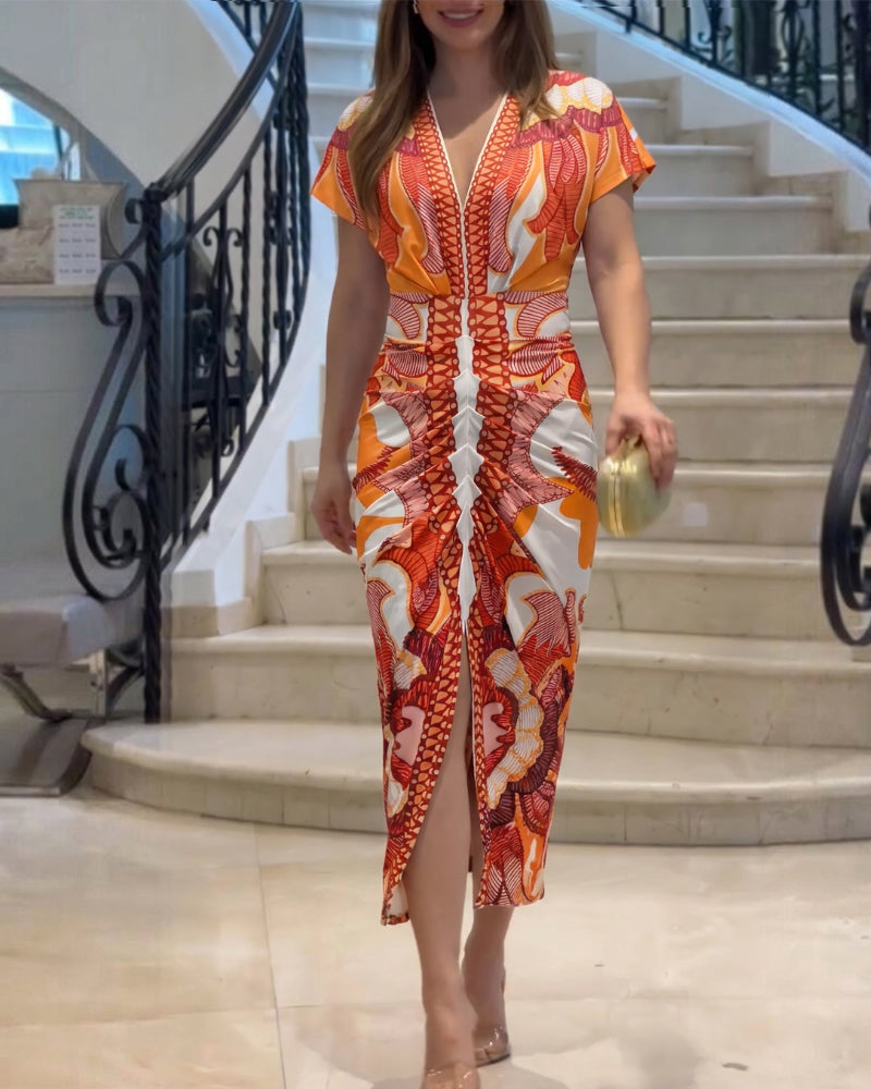 Vintage Baroque Print Deep V-Neck Short Sleeve Ruched Mid-length Dress Slim Fit Slit Front Vacation Dress