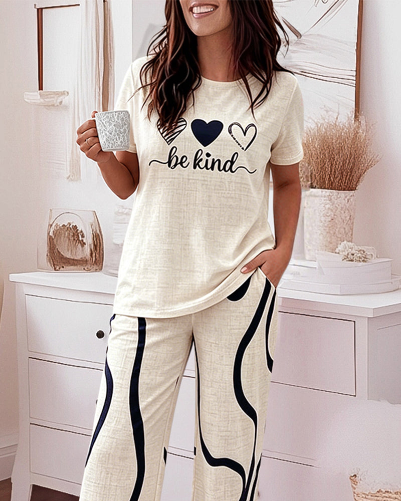 Women's 2 Piece Pajama Set Heart & Letter Top and High Waisted Abstract Print Pants Casual Loungewear with Pockets