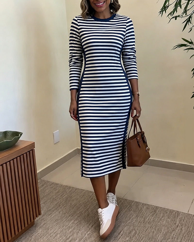 Women's Casual Striped Midi Dress Long Sleeve Crewneck Contrast Side Panel Side Slit T-Shirt Knit Dress with Pockets