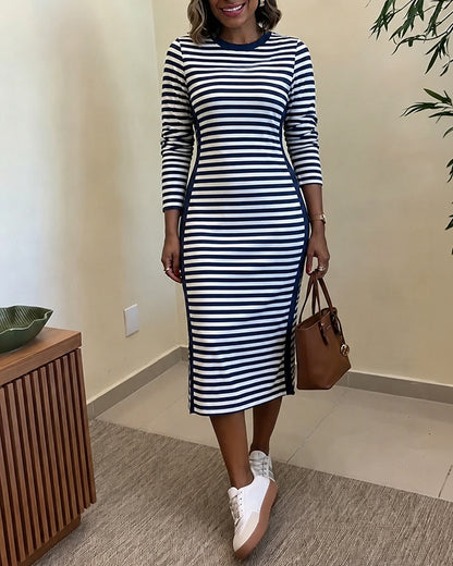 Women's Casual Striped Midi Dress Long Sleeve Crewneck Contrast Side Panel Side Slit T-Shirt Knit Dress with Pockets