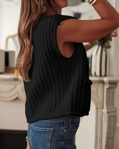 V-Neck Sleeveless Button Front Knit Vest Casual Loose Fit Sweater Top with Pockets