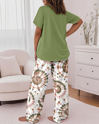 2 Pieces Outfit Faith Letter Print Short Sleeve Top and Tie Dye Print Elastic Waist Pants Set Casual Pajamas Set