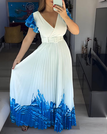 Abstract Placement Print Overlap Deep V-Neck Ruffles Sleeve Pleated Maxi Dress Elegant Zipper Back Cinched Waist Vacation Dress with Belt
