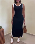 Women's Contrast Binding Tank Dress Slim Fit Sleeveless Maxi Dress Side Slit Casual Knit Sundress