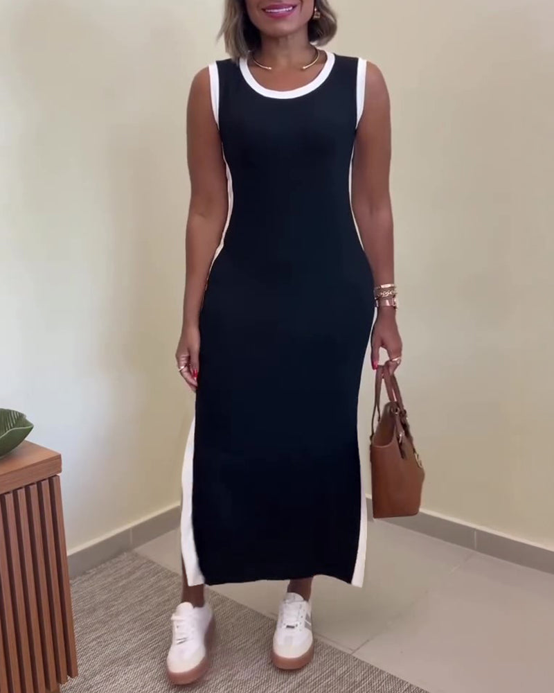 Women's Contrast Binding Tank Dress Slim Fit Sleeveless Maxi Dress Side Slit Casual Knit Sundress
