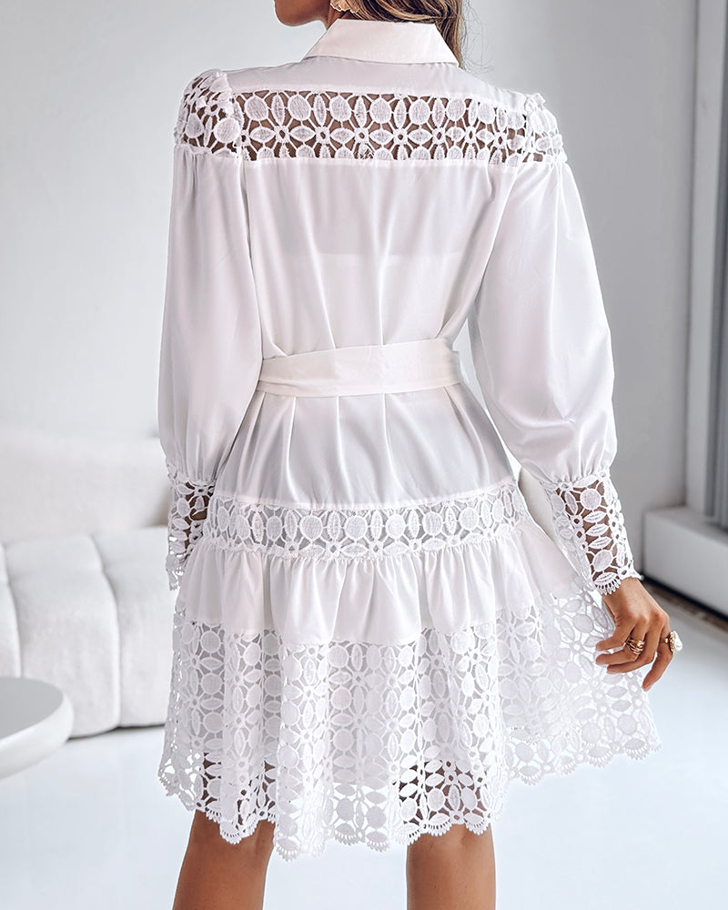Contrast Lace Hollow Out Long Sleeve Blouse Dress Casual Tied Detail Mini Dress