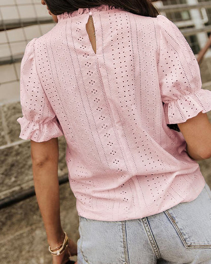 Elegant Frill Hem Stand Collar Puff Sleeve Blouse Casual Hollow Out Embroidery Pullover Top
