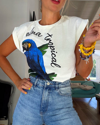 Tropical Animal & Plants Letter Print O-neck Short Sleeve Tee Casual Rolled Cuffs Top
