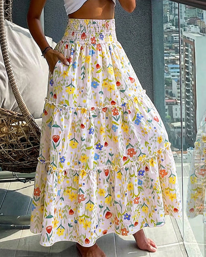 Women's High Waisted Shirred Floral Maxi Skirt Casual Ruffle Hem A-Line Skirt with Pockets