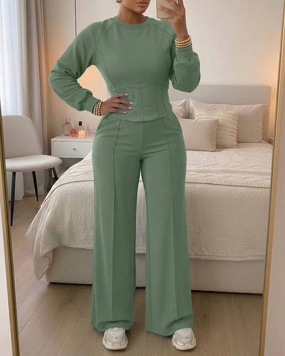 2 Pieces Outfit O-neck Long Sleeve Cinched Waist Sweatshirt and Elastic Waist Wide Leg Pants Set Casual Seam Design Sweatpants Set