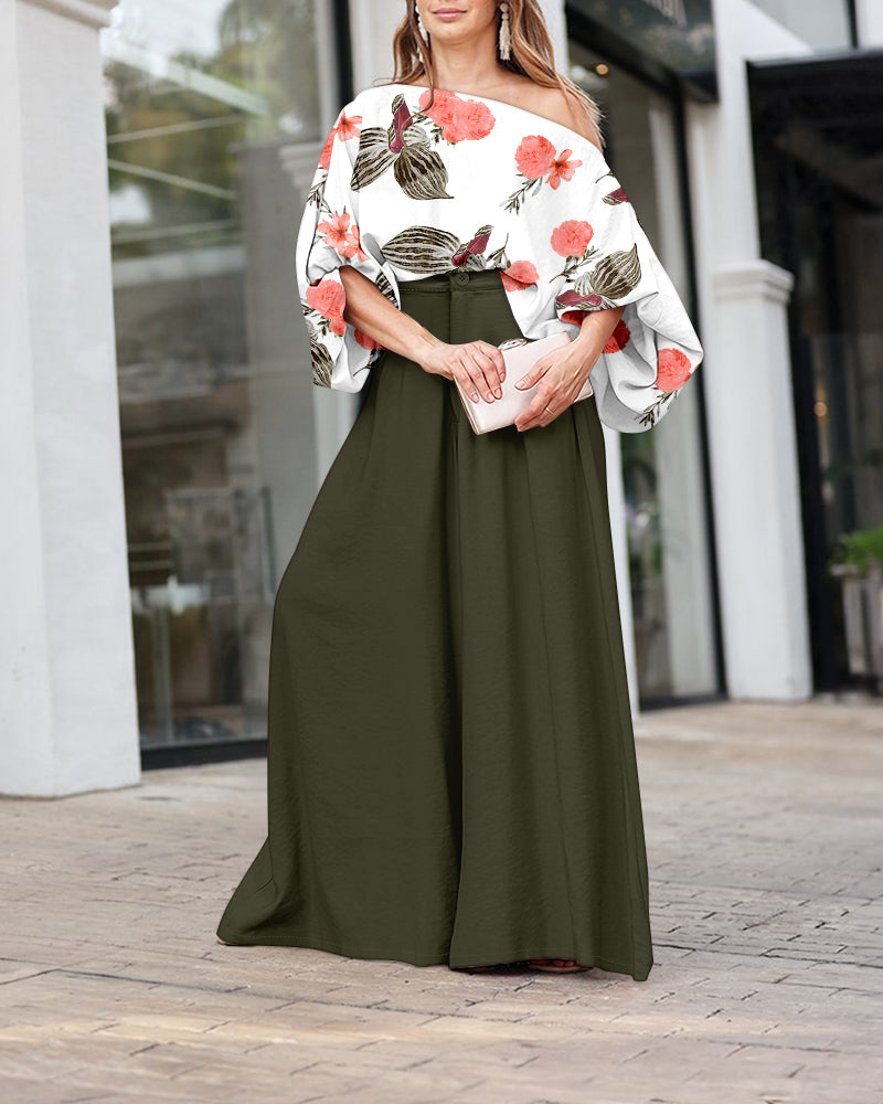 2 Pieces Outfit French Style Floral Print Skew Neck Batwing Sleeve Stretchy Hem Top and Zipper Fly Elastic Back Waist Wide Leg Pants Set Casual Loose Fit Set