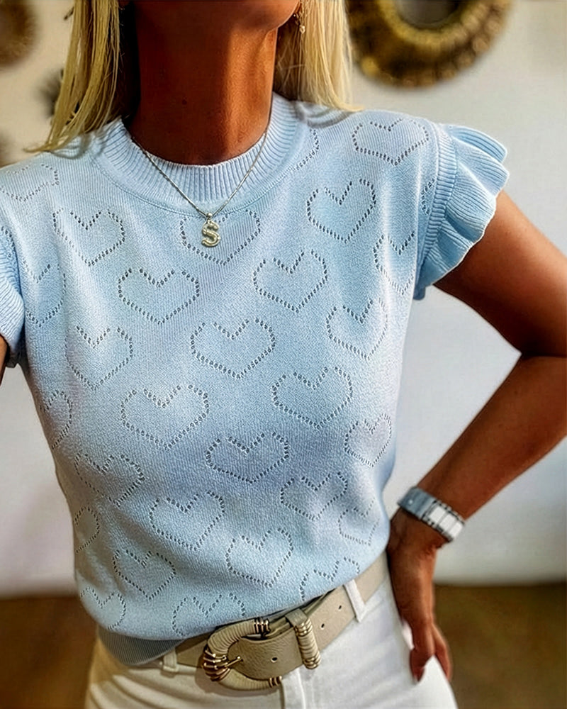 Allover Hollow-out Heart Pattern Round Neck Ruffles Short Sleeve Knit Top