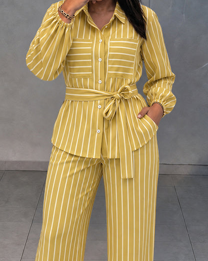 Women's Striped Two Piece Outfit Long Sleeve Shirt and High Waisted Straight Leg Pants Set with Belt Elegant Business Suits