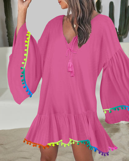Colorblock V-Neck Bell Sleeve A Line Tassel Mini Dress Vacation Dress