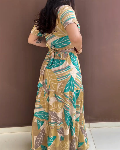 Plants Print Short Sleeve Tied Detail Maxi Dress Casual Waist Flowy A Line Dress