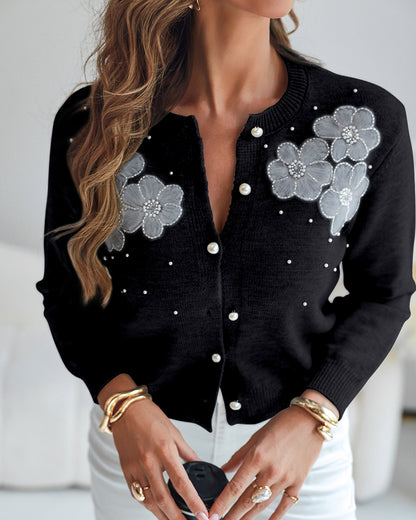 Floral Applique & Pearls Decor Round Neck Single Breasted Knit Cardigan Casual Crop Sweater Coat