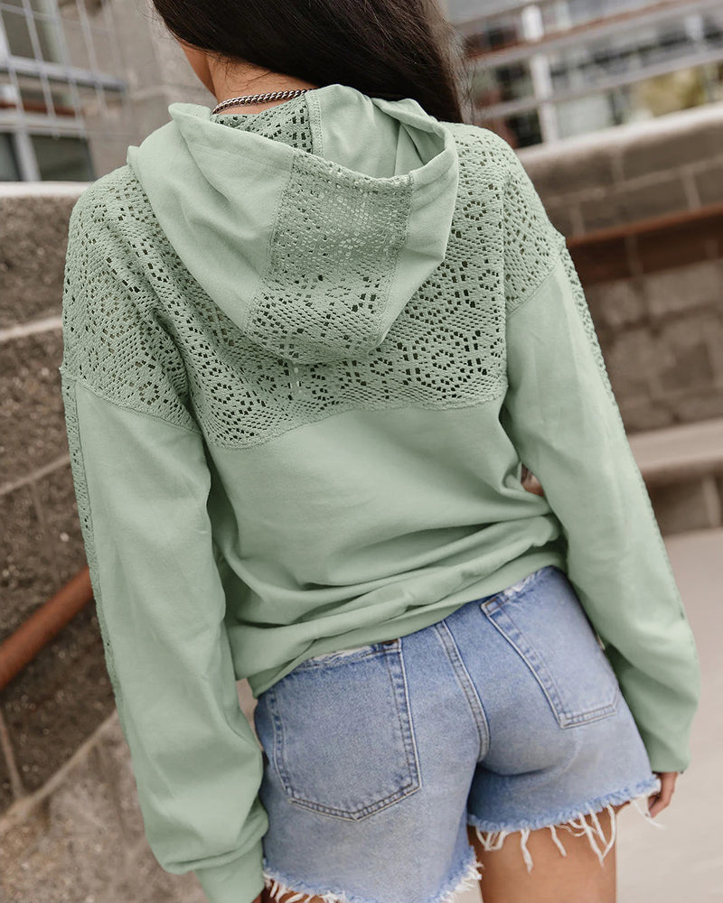 Women's Lace Splice Hoodie Drawstring Pullover Sweatshirt with Kangaroo Pocket