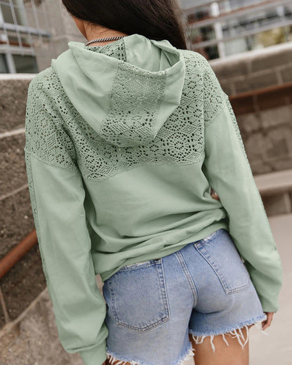 Women's Lace Splice Hoodie Drawstring Pullover Sweatshirt with Kangaroo Pocket