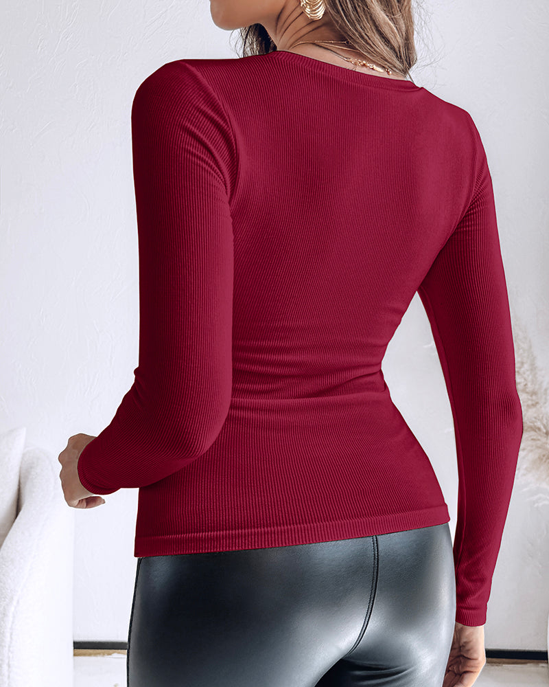 Built In Bra U Neck Tee High Stretchy Knit T-Shirt Long Sleeve Top