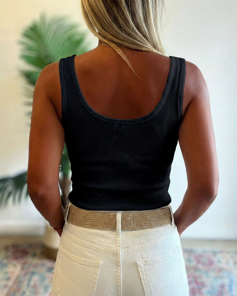 U-Neck Sleeveless Half Button Front Tank Slim Fit Backless Knit Waffle Tank Top