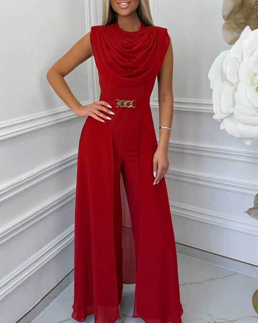 Damen-Jumpsuit mit Wasserfallausschnitt und weitem Bein, hohe Taille, ärmellos, Chiffon-Overlay, gespleißte Abend-Overalls mit Gürtel