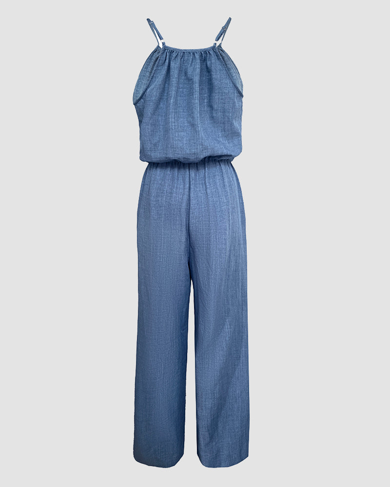 Womens Spaghetti Strap Drawstring Tied Waist Jumpsuit Casual Overalls
