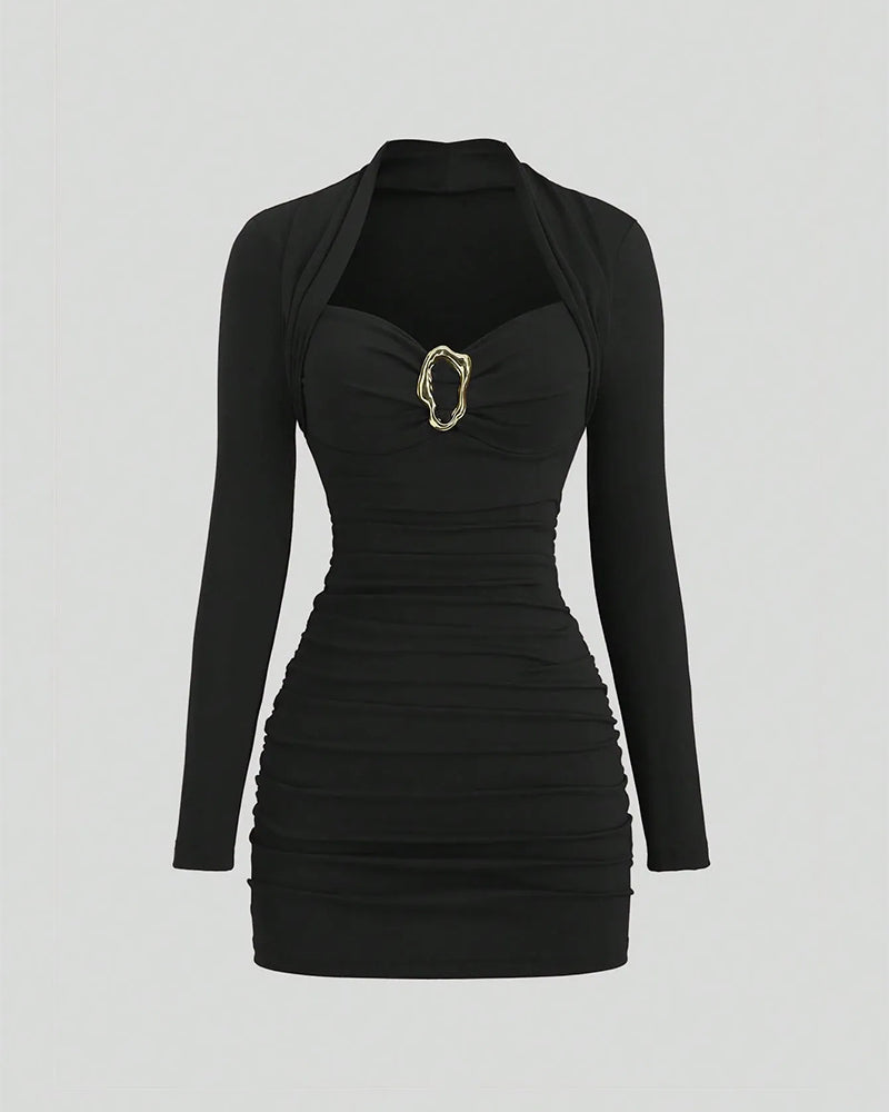 Women's Ruched Mini Dress Gold Buckle Long Sleeve Faux Two Piece Bodycon Dress Evening Party Dress