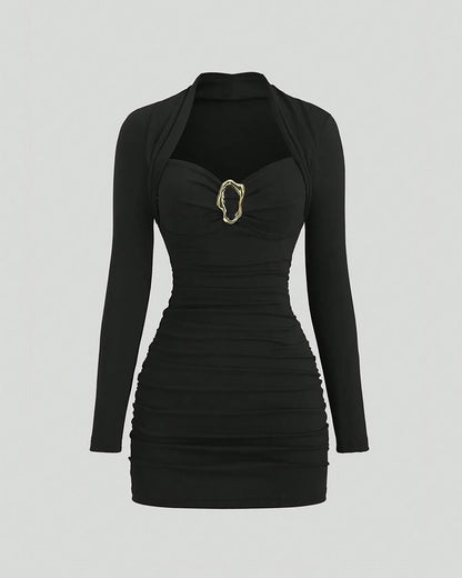 Women's Ruched Mini Dress Gold Buckle Long Sleeve Faux Two Piece Bodycon Dress Evening Party Dress