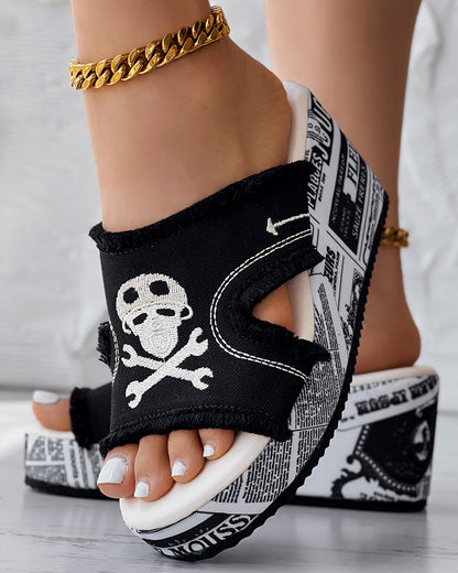 Newspaper Buckled Denim Wedge Slippers