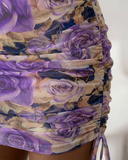 Vintage Floral Print Long Sleeve Side Drawstring Bodycon Dress Elegant Zipper Back Sheer Mesh Vacation Dress with Lining