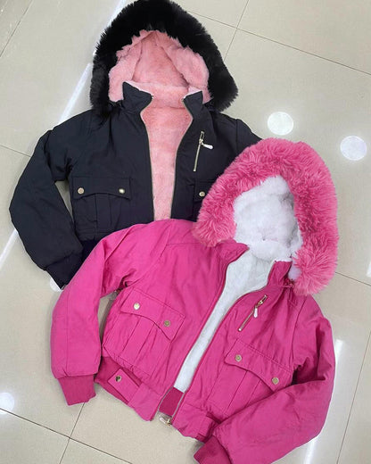 Fuzzy Trim Jacket Hooded Zip Up Fleece Lined Coat Outwear with Pockets