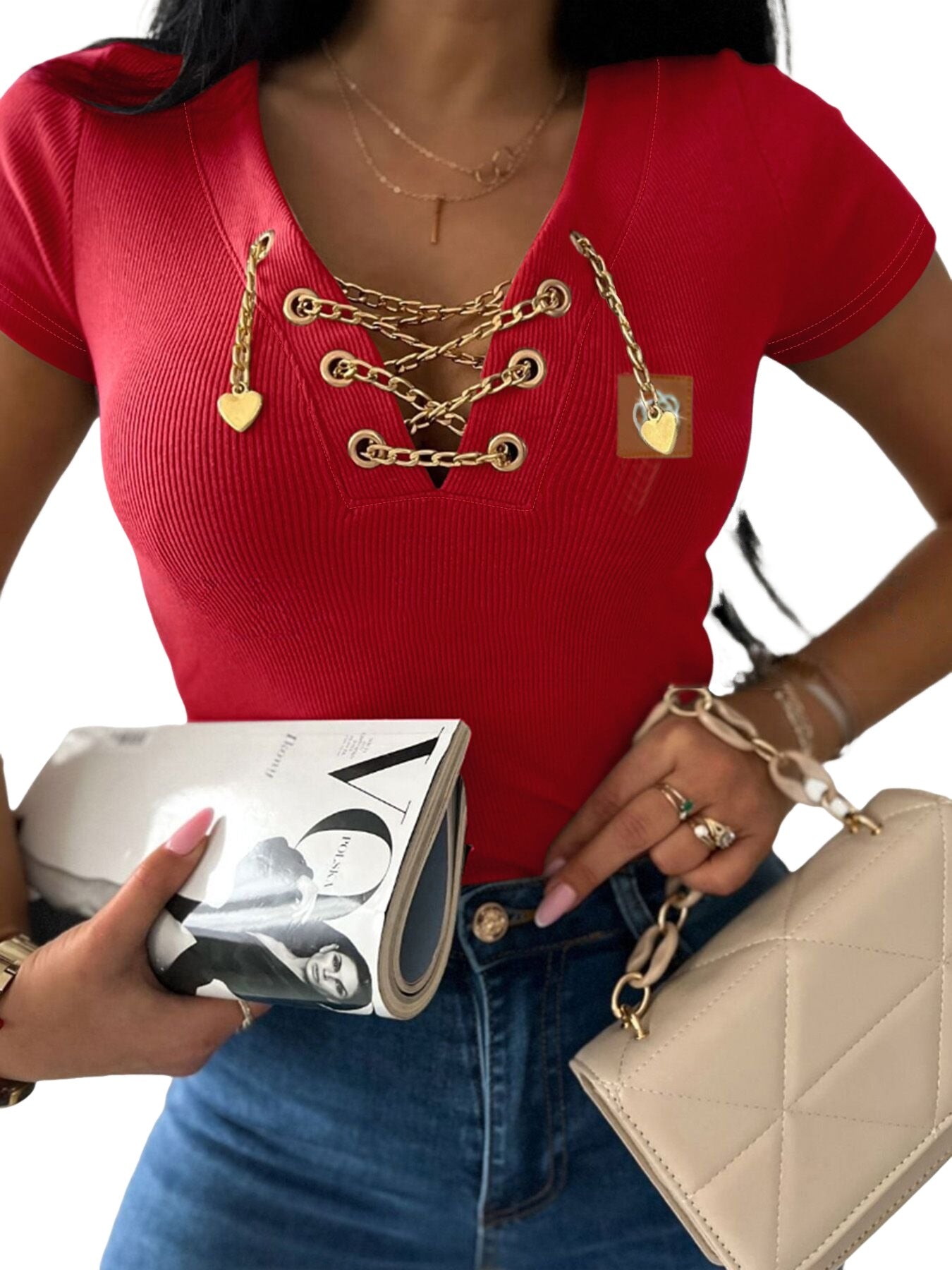 Chain Decor Lace Up V Neck Short Sleeve T-Shirt Casual Rhinestone Patch Slim Fit Top