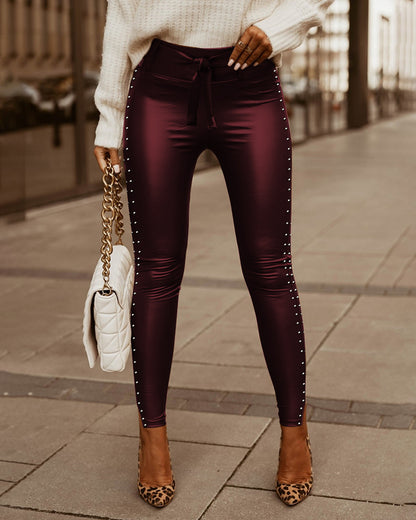 Side Studded Tied Detail Skinny Trousers High Waist Slit Hem PU Leather Pants