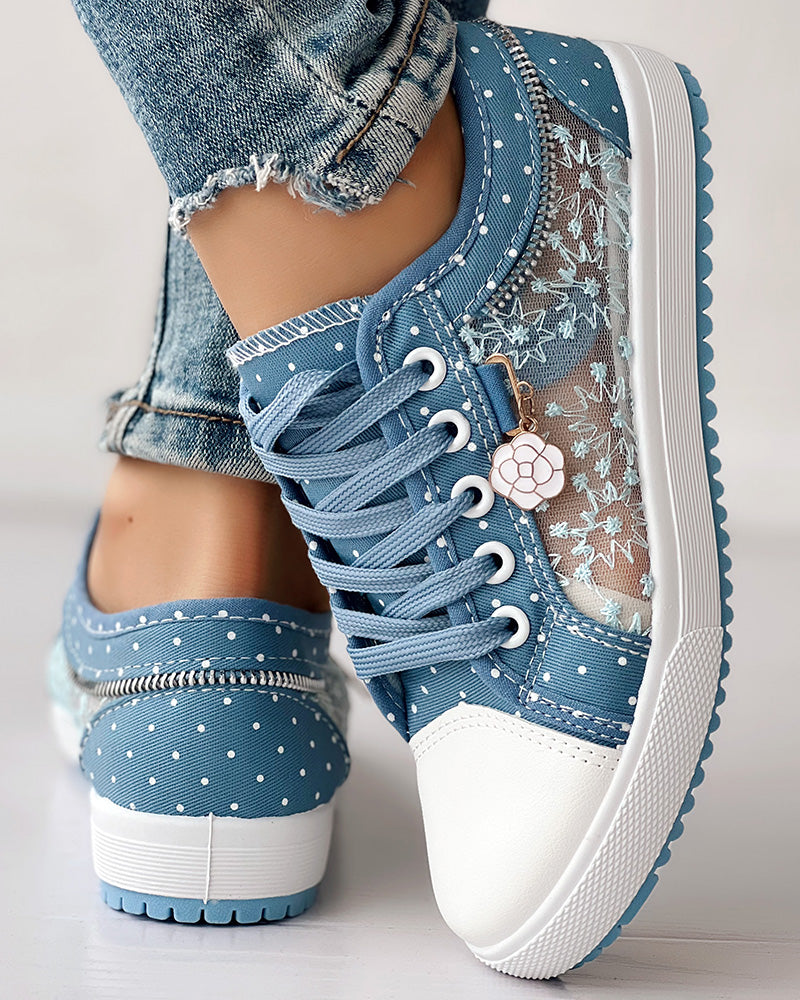 Floral Pattern Embroidery Dot Print Sneakers