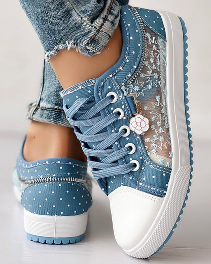 Floral Pattern Embroidery Dot Print Sneakers