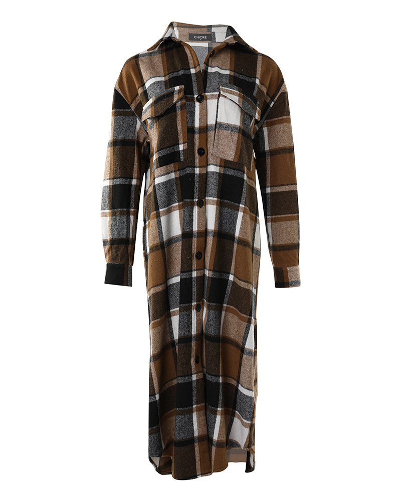 Plaid Print Buttoned Pocket Design Longline Coat