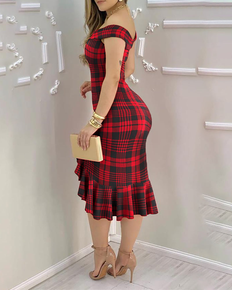 Plaid Off Shoulder Ruffle Hem Slit Dress