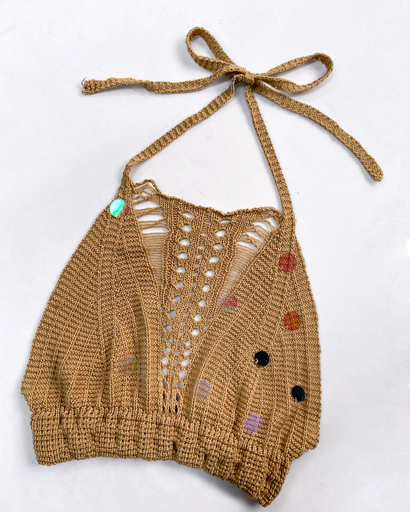 2 Pieces Round Sequin Knitted Halter Sleeveless Crop Top and Casual Strechy Waist Wide Leg Knit Pants Set