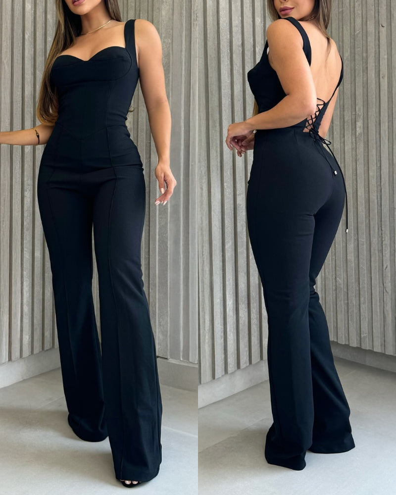 Sweatheart Neck Thick Strap Backless Lace-up Back Overalls Casual Seam Front Wide Leg Jumpsuit