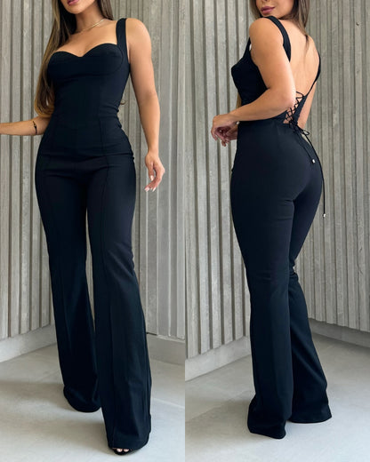 Sweatheart Neck Thick Strap Backless Lace-up Back Overalls Casual Seam Front Wide Leg Jumpsuit