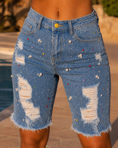 Women's Y2K Rhinestone Pearl Denim Bermuda Shorts Ripped Raw Hem Distressed Colorful Embellished Jean Shorts