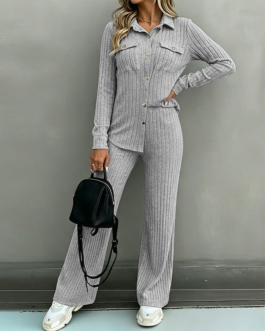 Women's 2 Piece Ribbed Knit Outfits Button Down Top and Straight Leg Pants Set Casual Loungewear Matching Tracksuit