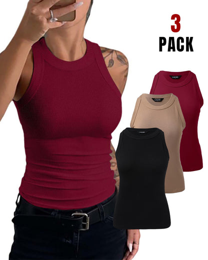 3 Pack Knit Round Neck Thick Strap Racerback Tank Tops(Without Pads)