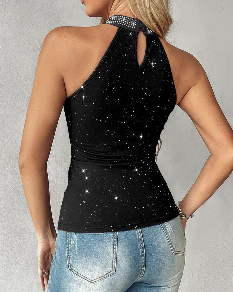 Glitter Keyhole Neck Sleeveless Criss Cross Front Asymmetrical Hem Tee Casual Rhinestone Decor Ruched Cinched Waist Top