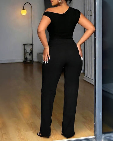 CHICME Women's 2 Piece Set Skew Neck Slim Fit Top and Elastic Waist Flare Pants with Metal Detail