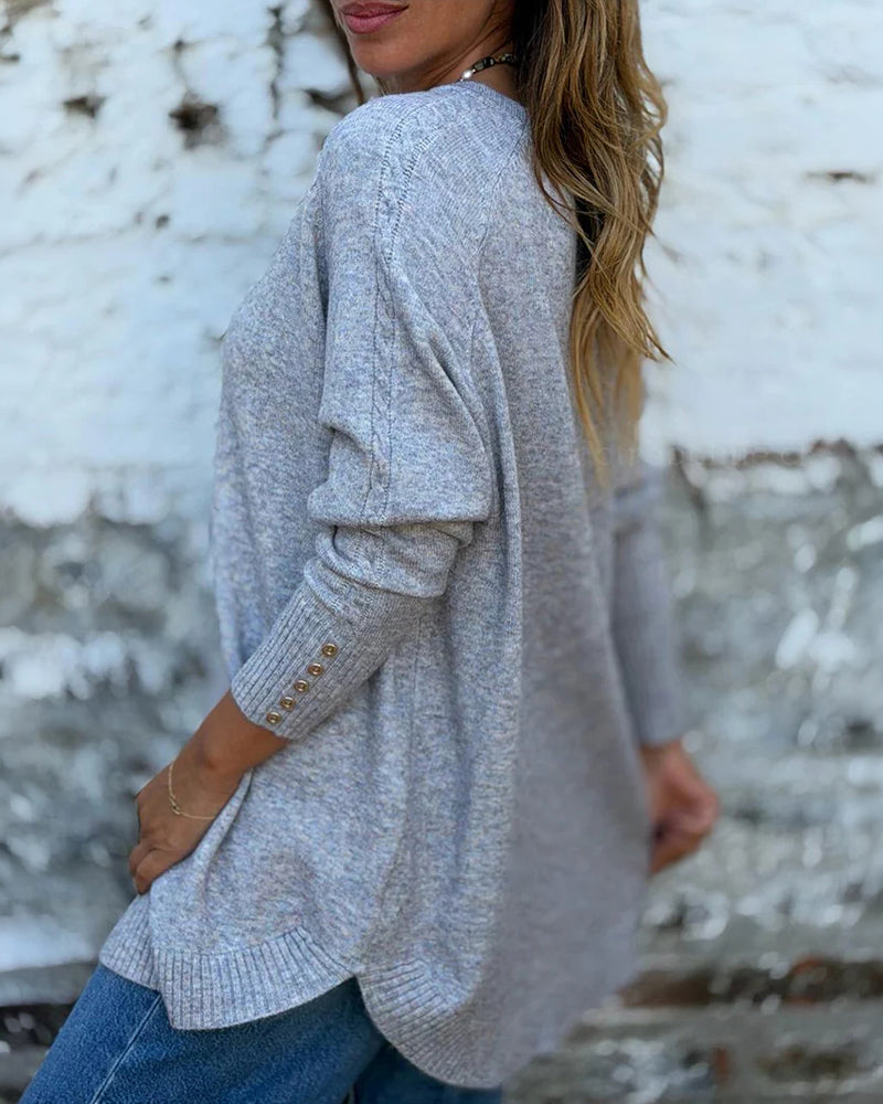Women's Oversized Sweater Button Decor Crewneck Curved Hem Dropped Shoulder Loose Soft Pullover
