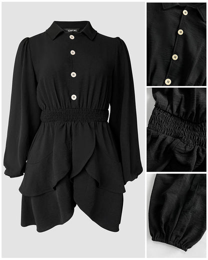 2 Pieces Outfit Notched Collar Lantern Sleeve Button Front Shirred Asymmetrical Ruffle Hem Top and Casual Elastic Waist Shorts Set With Belt